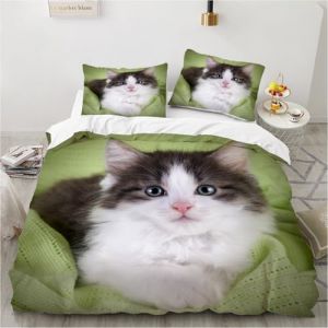 Gezu Housse de Couette 140x200cm Blanc Vert Enfant Chat 3D Imprimé Fille Ado Parure de lit 1 Personne Filles Mignon Doux Linge de Lit avec Fermeture Éclair Literie et 1 Taie d'oreiller 65x65cm (gezu, neuf)
