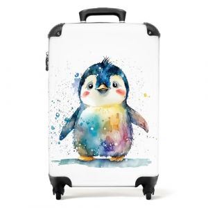 NoBoringSuitcases.com Valise Cabine Enfant 55x35x25cm - Bagages Roulette avec Motif Pingouin en Aquarelle - Blanc (NoBoringSuitcases, neuf)
