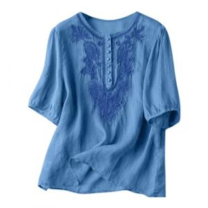 Chemisier Coton et Lin Manches Courtes pour Femme Blouses Ample Col Rond Tunique D'&eacute;t&eacute; Boh&egrave;me Folklore Vintage Broderie Top Hauts L&acirc;che Respirant T-Shirts Grande Taille Pas Cher Tunique Blouse Mode (GUnakd, neuf)