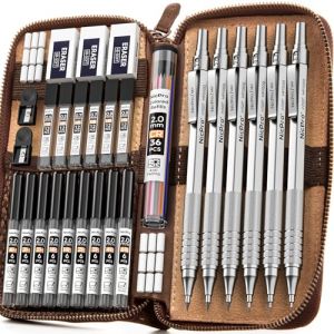 Nicpro 30 Pièces Porte-mines Métal dans étui Cuir, Crayon Mécanique Critérium 0,5, 0,7, 0,9, 2 mm avec 16 tubes (Couleurs 6B 4B 2B HB 2H 4H) Recharges, Porte Mine pour Croquis, Dessin（ Argent ） (NicproShop EU, neuf)