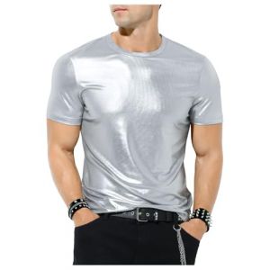 Casey Kevin Chemise Metallique Homme, T-Shirt Métallisé Brillante Paillettes Manches Courtes pour Fête Club Party Disco Discothèque Dancing Halloween Cosplay,L (Casey-Kevin, neuf)