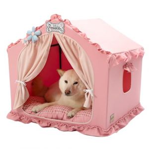 Jiupety Niche pour chien d'intérieur avec cadre, tente pliable et lavable, niche pour chien pour l'intérieur, lit pour chien ventilé avec toit pour 9 à 18 kg, taille L 64 x 64 x 64 cm, rose (Bite Pet, neuf)