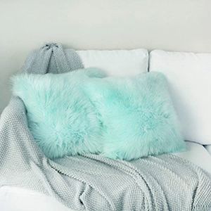 YDFYX Housse de Coussin,Peau de Mouton Fourrure Cuir Taie d'oreiller,Fausse Fourrure Deluxe D&eacute;coratif Canap&eacute; Chambre Lit Super Doux Peluche Mongolie Taie d'oreiller (2Pcs Bleu Clair, 50X50 cm) (YDFYX, neuf)