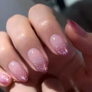 Viugex 24 Pi&egrave;ces Fran&ccedil;ais Faux Ongles, Court Amande Violet D&eacute;grad&eacute; Paillettes Press on Nails, Naturel Acrylique Artificiel Ongles, &Eacute;l&eacute;gant Couverture Compl&egrave;te Ongles &agrave; Coller pour Femmes et Fille (HUAQIF, neuf)