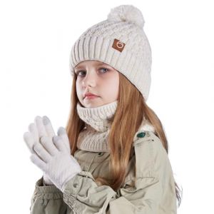 Ensemble Bonnet Echarpe Enfant Hiver Tricot&eacute; Tour de Cou Chaud, &Eacute;charpe et Gants D'hiver pour Enfants 4 &agrave; 11 Ans, Bonnet Enfant Hiver avec Pompom, hHiver Accessoires avec Doublure en Polaire Douce (O&Uuml; KovAEveod, neuf)