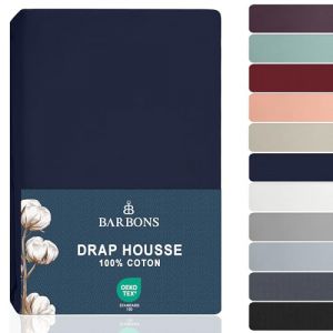 Barbons Drap Housse 90x190 cm / 90x200 cm, 100% Coton Draps Housses Certifi&eacute; Oeko-TEX Premium Drap-Housse en Jersey pour Matelas Bonnet jusqu'&agrave; 25 cm - Bleu Marine 90 x 190/200 cm (Jeel-Online, neuf)