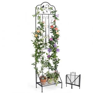 GOPLUS Treillis de Jardin en M&eacute;tal pour Plantes Grimpantes, Cl&ocirc;ture Decorative Ext&eacute;rieure avec &Eacute;tag&egrave;re Inf&eacute;rieure Pliable, pour L&eacute;gumes, Fleur&Fruits, Support de Vignes (Oiseau Noir|50x190CM,1) (Augenstern24, neuf)