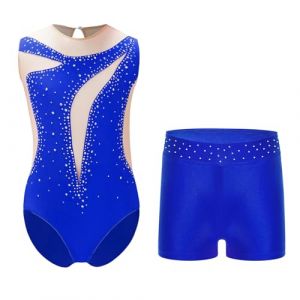 Oyolan Enfant Fille Justaucorps Gymnastique Strass Tenue de Gym sans Manches 5-16 Ans C Bleu 9-10 ans (Oyolan EU, neuf)