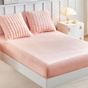 Tokokimo Drap Flanelle 2 Personnes, Drap Housse 160x200 avec 2 Taie d'oreiller 65x65 en Polaire - Toucher Cachemire - Super Doux et Moelleux pour Matelas &Eacute;pais jusqu'&agrave; 30-35 cm, Peluche Rose (Yuanqin, neuf)