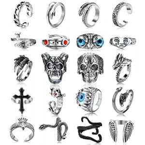 JeryWe 20Pcs Bague Homme Anneaux Gothique Open Punk Vintage Bague Ensemble Réglables Tête De Mort Dragon Claw Poulpe Serpent Animal Bague Fête Cosplay Accessoires (JeryWe EU, neuf)