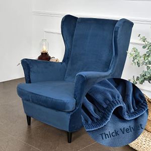 Highdi Velours Housse de Fauteuil à Oreilles Extensible 2-Pièces Couverture de Fauteuil avec Housse de Coussin en T, Couleur Unie Mode Strandmon Housse de Fauteuil Antidérapante (Bleu Marine) (Highdi, neuf)