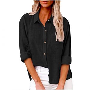 Chemisier Femme Chic Et &Eacute;l&eacute;gant Chemise en Lin Femme Chemisiers Et Blouses Haut D&eacute;contract&eacute; Tshirt Manche Longue Couleur Unie Tunique Blouse Respirant Vetement Warehouse Noir M (mihongmd, neuf)