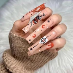 Faux ongles, ongles à presser Faux ongles longs en forme de cercueil avec colle, faux ongles marron portables avec strass, presse de Ballet, couverture complète(48) (zhangtingamz, neuf)