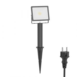 ledscom.de Projecteur de jardin LED FLIN avec piquet de terre, socle de 15cm & prise pour l'ext&eacute;rieur, noir, projecteur, IP66 &eacute;tanche, 837lm blanc chaud (LEDs Com GmbH, neuf)