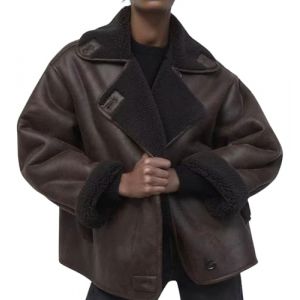 loveimgs Veste &eacute;paisse doubl&eacute;e Sherpa en faux daim pour femme - Manteau surdimensionn&eacute; en cuir polaire shearling - Veste de motard d'hiver, marron, Medium (Garage and Grove, neuf)