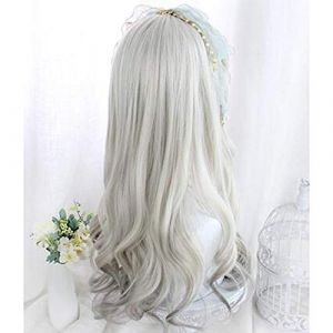 LINLINCD Perruque cosplay progressivement fraîche gris Lolita Harajuku gris argenté doux long bouclé ondulé frange cheveux synthétiques franges vêtements quotidiens uniquement pour filles adultes (qiu lai shan mao hang, neuf)