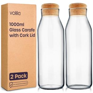 volila Carafe Eau 1L - Carafe Pichet Eau avec Couvercle pour Boissons Froides, Lait et Jus - Carafe en Verre Polyvalente pour le Stockage des Détergents avec Étiquettes Imperméables Imprimées (2 Pack) (Rivero products, neuf)