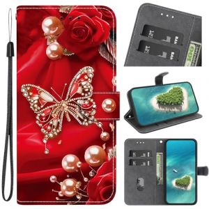 YKTO Coque pour Samsung Galaxy S7 Edge Portefeuille Etui à Rabat en PU Cuir avec Motif,Poche Porte-Cartes Peint Housse Cuir Case Magnétique Papillons Rouges Perle, Rouge, Festif Protection (YKTO, neuf)