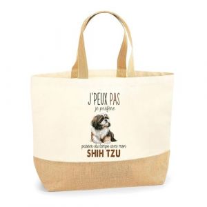 Sac Cabas de Plage Chien Passer du Temps | Toile de Jute Coton Courses Idée Cadeau Personnalisé Proprietaire du Chien (Shih Tzu) (PLANETEE, neuf)