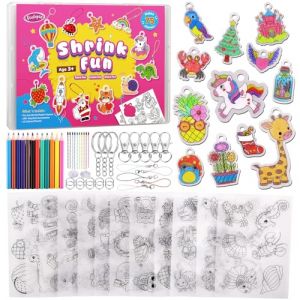 Funtopia 75 Pi&egrave;ces Plastique Fou, Kit de Feuille R&eacute;tractable Pr&eacute;d&eacute;coup&eacute;es pour la Cr&eacute;ation de Porte Cl&eacute;, 12 Th&egrave;mes de Loisirs Cr&eacute;atifs, avec Breloques et Accessoires pour Porte-Cl&eacute;s oa Crayon (Funtopia U direct, neuf)