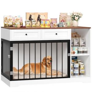 FirFurd 120 cm Cage pour Chien, Cage Chien Interieur avec 2 Porte 2 Tiroirs 2 &Eacute;tag&egrave;res, Niche pour Chiens Meuble Cage Chiens en Bois 120x60x87cm Blanc+Marron (luckycharmm, neuf)