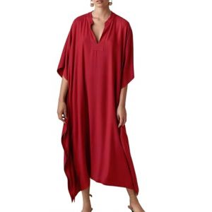 Bsubseach Robe de Plage Femme Soyeux Caftan Manches Chauve-Souris Djellaba Boubou Par&eacute;os V Cou Kaftan Maxi Robe D'&eacute;t&eacute; Tunique Boh&egrave;me Beachwear Rouge (Bsubseach-EU, neuf)