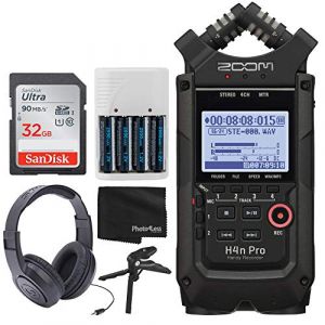 Zoom H4n Pro Enregistreur portable 4 entr&eacute;es/4 pistes avec capsule X/Y int&eacute;gr&eacute;e Noir + Casque st&eacute;r&eacute;o supra-auriculaire + Carte m&eacute;moire 32 Go + Poign&eacute;e tr&eacute;pied de table + 4 piles AA et chargeur (SIERRA PATHWAY, neuf)