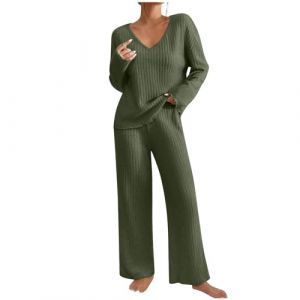 Flodxo Survêtement complet 2 pièces Co Ord pour femme Ensemble de pyjama en tricot côtelé à manches longues Col en V Pull Jambe large Jogging Tenue d'intérieur Yoga Survêtement, vert militaire, M (heyejiaxin, neuf)