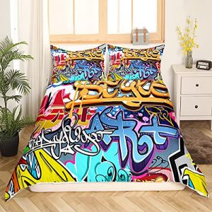 Ensemble de literie Graffiti ensemble de housse de couette rock culture de rue hip hop enfants garçons filles 140x200 cm ensemble de lits en microfibre avec fermeture éclair et 1 taie d'oreiller (Bofanshangmao, neuf)