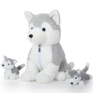 MorisMos Peluche Chien Husky Grande, 40cm Realiste Chien avec 2 Kawaii Chiots, Géante Husky en Peluche Jouet Cadeau pour Filles Garçons Anniversaire Noël Décoration (FUIYWIKE, neuf)