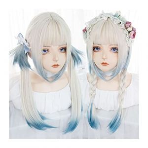Natural Looking & Comfortable, Perruque droite à coloration irrégulière avec frange Blanc dégradé bleu longue perruque synthétique fille Cosplay Lolita perruque douce respirante résistante à la chaleu (WangCaiXia SHOP, neuf)