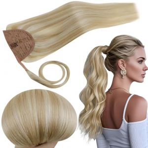RUNATURE Postiche Queue de Cheval Meche Blond 35cm Queue de Cheval Extension Naturel Blond Cendré Foncé avec Blond Platine 70g #18P613 (Runature EU, neuf)