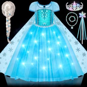 vamei LED Lumineux Robe Elsa Princesse Fille Deguisement Reine des Neiges Costume avec Accessoires Elsa Perruque Couronne Princesse Anniversaire Enfant Déguisement Halloween Carnaval Costume (120) (Vamei EU, neuf)