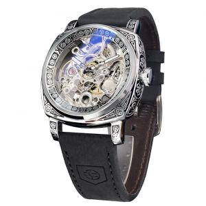 FORSINING Montre pour homme - Montre mécanique carrée rétro sculptée - Squelette automatique - Bracelet en cuir vintage, noir (NANA TIME, neuf)