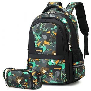SOMBLG Sac a Dos Garcon Ado Cartable Ecole Sac &agrave; Dos College Sac Ados Adolescent &Eacute;cole Primaire Scolaire Gar&ccedil;on Impermeable Enfant (7-Vert 2PCS) (SOMBLG, neuf)