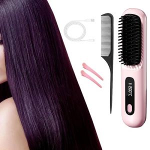 Brosse &agrave; lisser les cheveux sans fil, 2 en 1 for lisser les boucles, peigne &agrave; lisser de voyage rechargeable, 3 r&eacute;glages de temp&eacute;rature, cadeau for femme(Pink) (fulaitianeu, neuf)