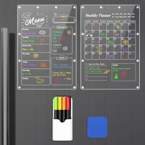 MoKo Lot de 2 Calendrier Magnetique Frigo Acrylic, 42x30cm Tableau Magnetique Frigo Planificateur Hebdomadaire de Repas & Liste, Planning Frigo Magnetique avec 8 Marqueurs Colorés & 1Gomme & 1Support (KnoWhite, neuf)