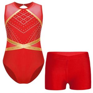 Oyolan Enfant Fille Justaucorps Gymnastique Strass Tenue de Gym sans Manches 5-16 Ans A Rouge 5-6 ans (Oyolan EU, neuf)