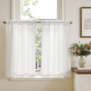 TOPICK Lot de 2 rideaux brise-bise opaques avec cordon de serrage - Motif gaufr&eacute; - Translucides - Pour petites fen&ecirc;tres - Maison de campagne - 90 x 65 cm (H x l) (Audrey Home Fashion, neuf)