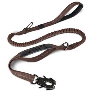 Joytale Laisse Tactique, 1.2m-1.8m Bungee Laisse de Chien réfléchissante avec 2 poignées rembourrées, Ceinture de sécurité de Voiture pour Les Chiens de Taille Moyenne, Grande, X-Grand, Marron (Joytale Pet, neuf)
