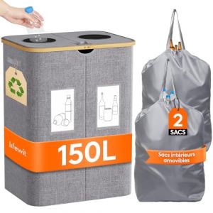 Lifewit Collecteur de Bouteilles avec Couvercle 2 Compartiment 150L, Poubelle Tri Selectif pour Plastique, Bouteilles Verre, Poubelle Exterieur de Recyclage avec Trou, Cuisine Rangement,Gris Clair (Lifewit Home FR, neuf)