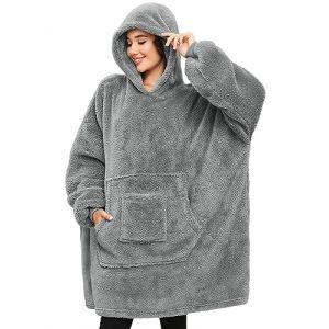 CMTOP Sweat &agrave; Capuche Femme Homme Couverture, Plaid Polaire &agrave; Manche Chaud Pull Hiver Plaid, Peignoir Longue Sweatshirt Doux Pullover Hoodie &agrave; Capuche avec Grande Poche Gris argent&eacute; (Lemens, neuf)