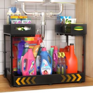 Housolution Rangement sous &Eacute;vier en M&eacute;tal, Largeur Extensible de 37 &agrave; 55 cm, Hauteur R&eacute;glable de 34 &agrave; 45 cm, Organisateur &Eacute;tag&egrave;re sous &Eacute;vier Coulissant pour Placard de Cuisine, Deux C&ocirc;t&eacute;s (Showmore EU, neuf)