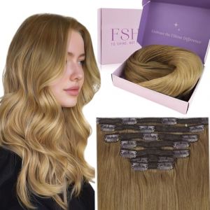Fshine Extensions Cheveux Clip Naturel 35cm 120g 7pcs Balayage Brun Chocolat à Blond Foncé Extension a Clip Cheveux Naturel Humain Extensions Cheveux Clip Lisse Raides Couleur 10 14 (Fshine Hair Eu, neuf)