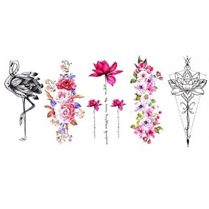 Lot de 5 feuilles de tatouages fleurs de lotus - Motif flamant rose - QC-2 (Beyond Perfection, neuf)