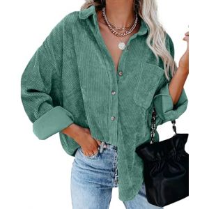 QIXING Chemise surdimensionnée en velours côtelé boutonnée avec col en V et manches longues avec poche, veste de travail décontractée pour femme, haut d'automne et d'hiver, Vert (02), XXL (shangguanguk, neuf)
