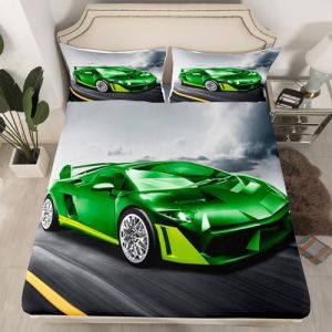 Homewish Drap Housse Garçon 90x190 cm avec 1 Taie d'oreiller, Drap-Housse 1 Personne Voiture de Course Drap de Lit Voiture de Sport Extrême, Housse de Matelas Voiture de Sport Gris Vert (Suzhou yiyanyun e-commerce Co., Ltd, neuf)