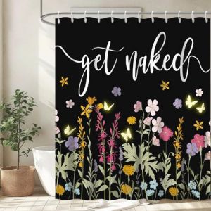 Rideau Douche Anti Moisissure, Uiiooazy Rideau Douche 180x240cm Noir Fleuri Rose et Violet Feuilles Vert Rideaux de Baignoire Tissu Lavable Imperm&eacute;able Polyester Rideaux Salle de Bain avec 12 Crochets (dongguibinjingpinxiaodianpu, neuf)