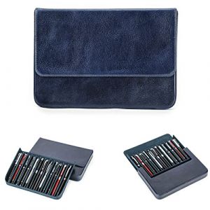 Hiram &Eacute;tui en cuir pour 12 stylos-plume avec fermeture magn&eacute;tique dissimul&eacute;e et plateau &agrave; stylos en cuir tann&eacute; v&eacute;g&eacute;tal (bleu) (Hiram Fashion, neuf)