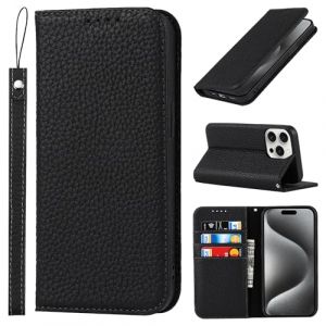 Cavor Coque iPhone 15 Pro avec Cordon,Etui iPhone 15 Pro,Flip Cuir v&eacute;ritable Portefeuille &Eacute;tui en Cuir,[4 Porte Cartes][Magnetique],Housse Etui pour iPhone 15 Pro - Noir (Copmob, neuf)